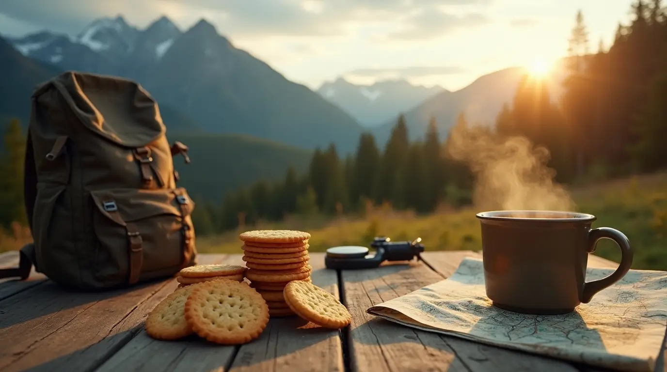 Close-up of pilot bread crackers on a wooden table with outdoor survival gear and a scenic mountain backdrop.