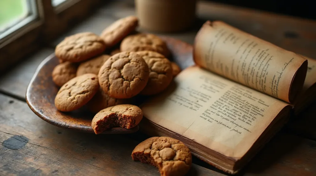 Freshly baked 1796 cookies on a rustic wooden plate with a vintage cookbook open to a handwritten cookie recipe from the 18th century.