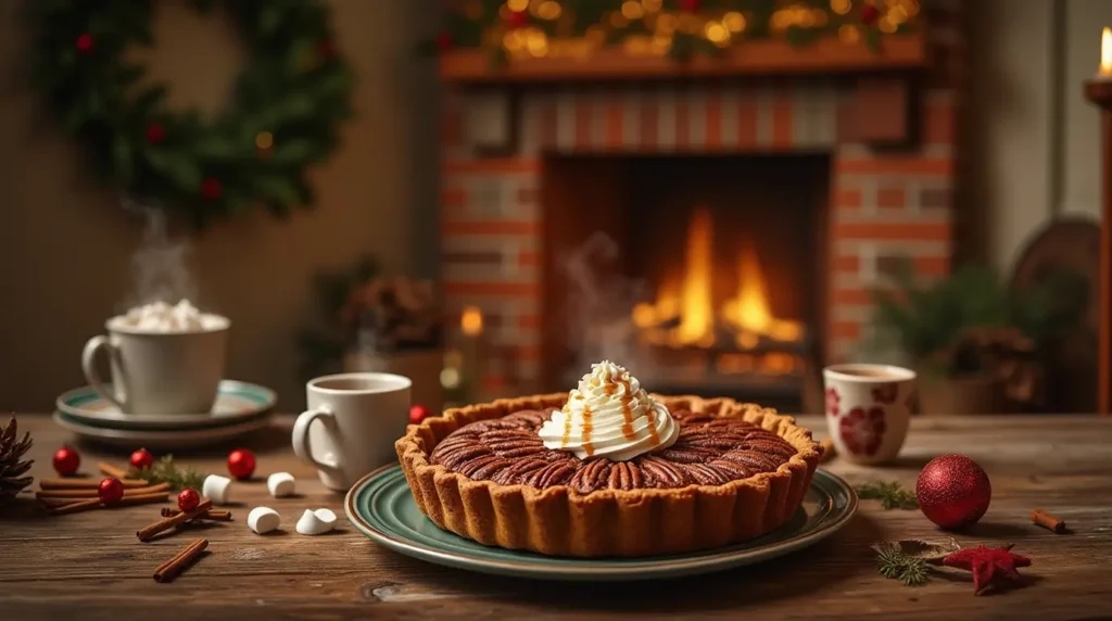 Holiday table with Edwards Caramel Pecan Pie, whipped cream, caramel drizzle, hot cocoa, and festive decorations.