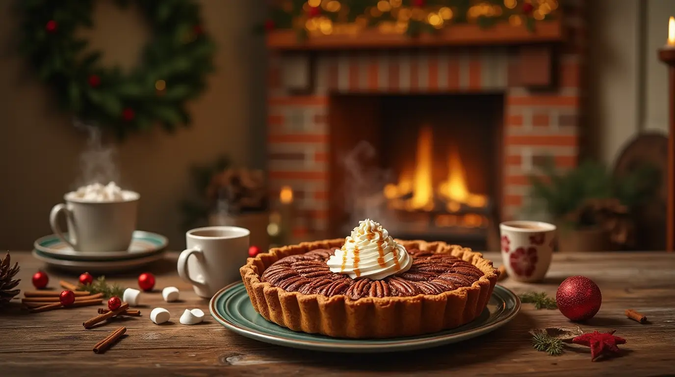 Holiday table with Edwards Caramel Pecan Pie, whipped cream, caramel drizzle, hot cocoa, and festive decorations.