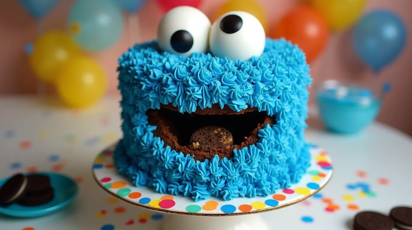 Cookie Monster cake decorated with blue frosting, edible eyes, and Oreo cookies, perfect for a birthday party.