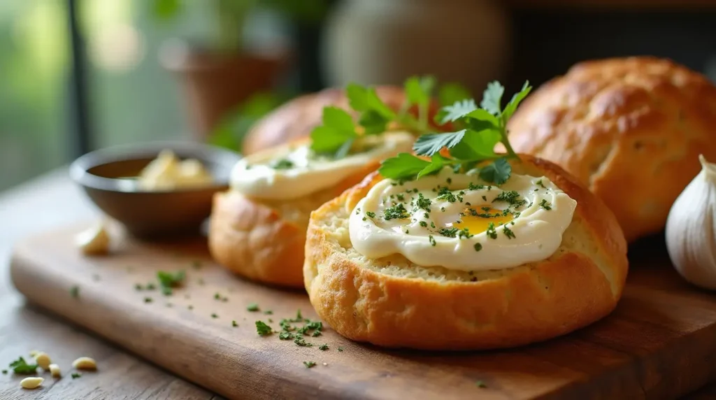 Freshly baked Greek Yogurt Garlic Bread with crispy edges, creamy yogurt garlic spread, and fresh parsley garnish on a rustic wooden cutting board.