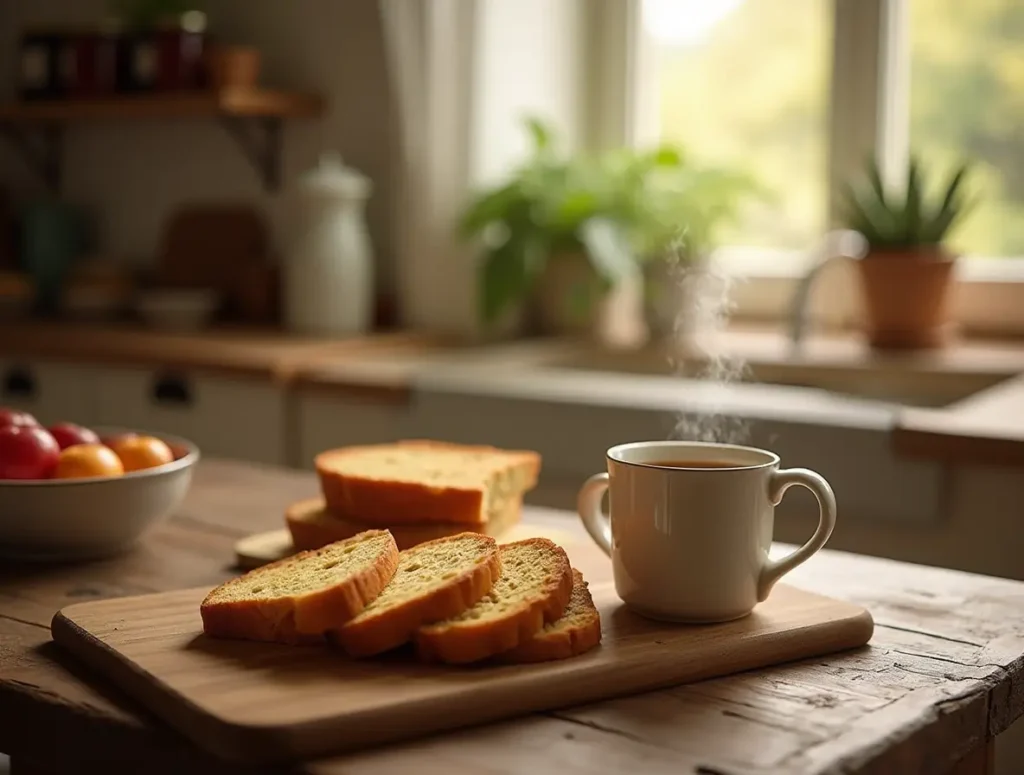 Freshly baked bread slices on a cutting board with a warm mug of coffee in a cozy kitchen setting.