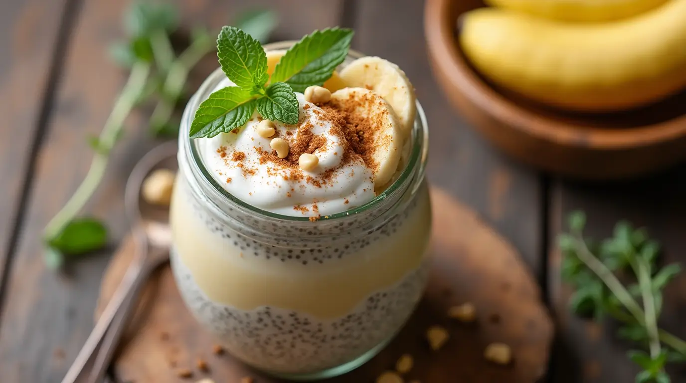 Healthy banana cream pie chia dessert in a glass jar, layered with chia pudding, ripe bananas, and coconut yogurt, garnished with cinnamon and crushed nuts.