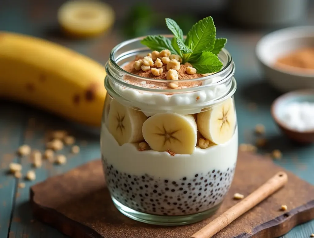 Healthy banana cream pie chia dessert in a glass jar, layered with chia pudding, ripe bananas, and coconut yogurt, garnished with cinnamon and crushed nuts.