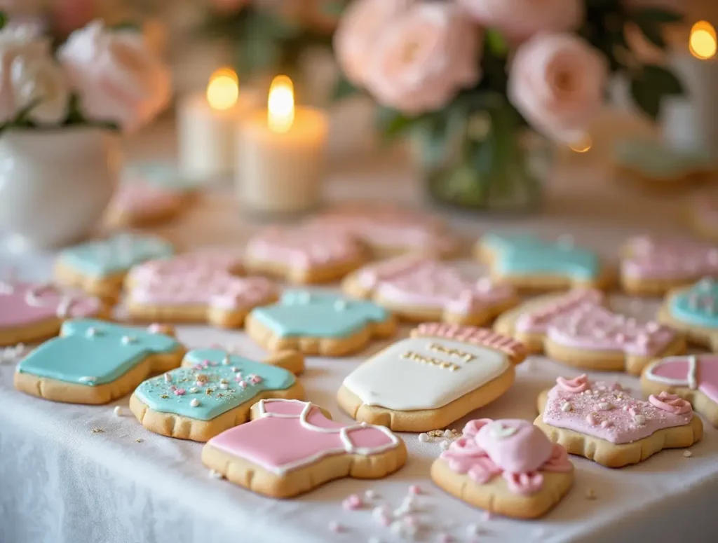 Beautifully decorated baby shower cookies shaped like onesies, bottles, and pacifiers on a lace tablecloth with floral centerpieces and fairy lights.