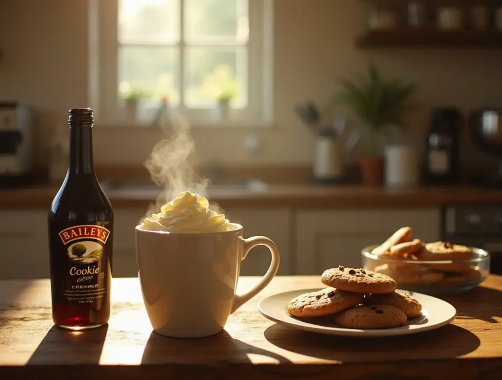 Steaming cup of coffee with whipped cream, Baileys Cookie Creamer bottle, and freshly baked cookies in a cozy kitchen.