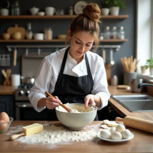 Experienced female chef in a modern kitchen, mixing ingredients for a baking recipe with a wooden spoon.