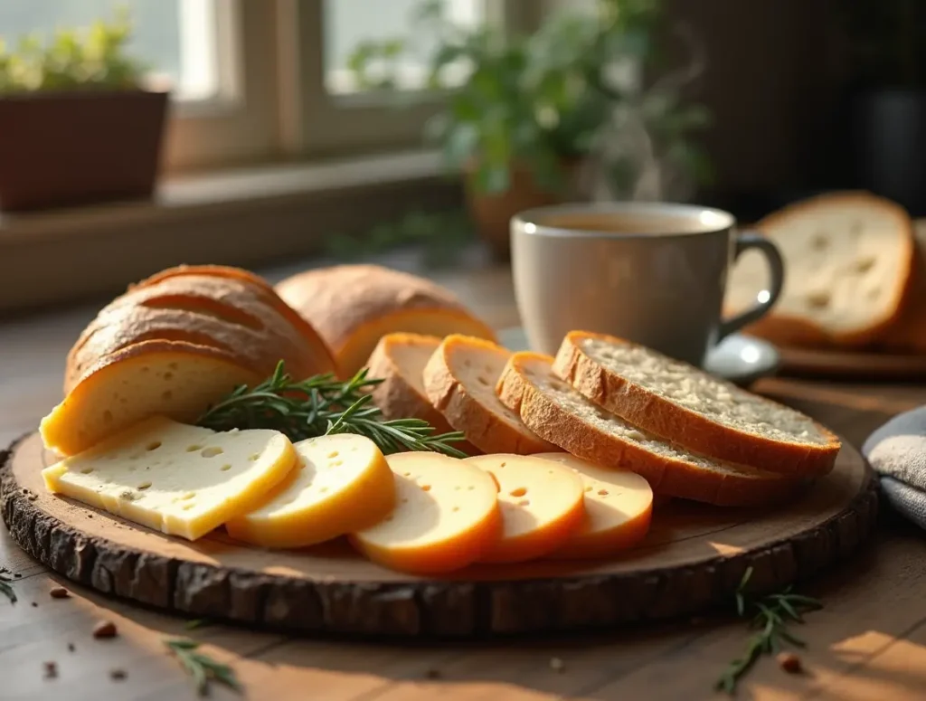 A rustic kitchen scene with a wooden table, featuring a bread and cheese platter, fresh herbs, and a cup of coffee.