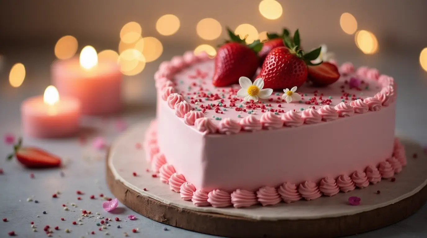 Heart-shaped cake decorated with buttercream frosting, edible flowers, strawberries, and sprinkles for a romantic celebration.