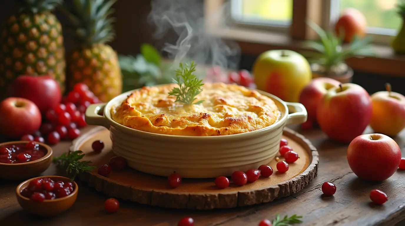 Golden chicken pot pie surrounded by vibrant fruits like apples, pears, cranberries, and grapes, with cranberry chutney on a rustic kitchen table.