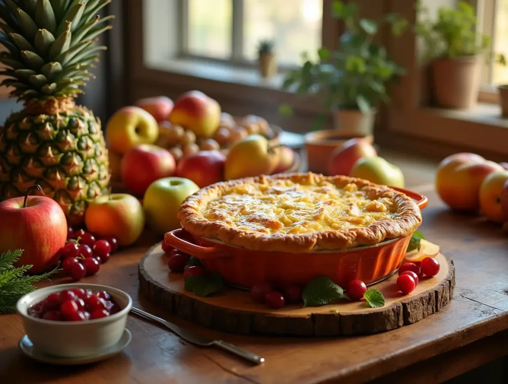 Golden chicken pot pie surrounded by vibrant fruits like apples, pears, cranberries, and grapes, with cranberry chutney on a rustic kitchen table.