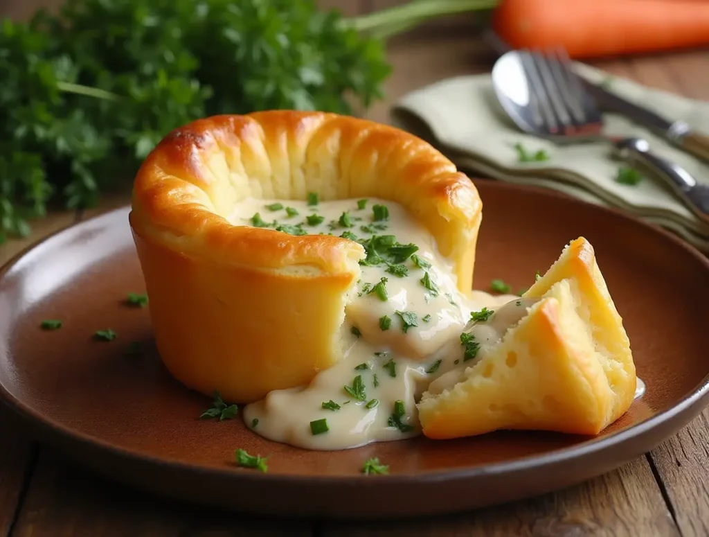 Golden, fluffy popover filled with creamy chicken pot pie mixture, surrounded by fresh vegetables and herbs.