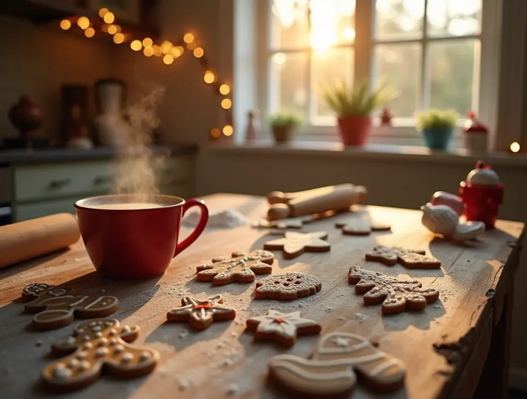 Cozy Christmas kitchen with holiday cookie cutters, gingerbread men, snowflakes, and Christmas tree cookies on a wooden table, with hot cocoa and festive decorations.