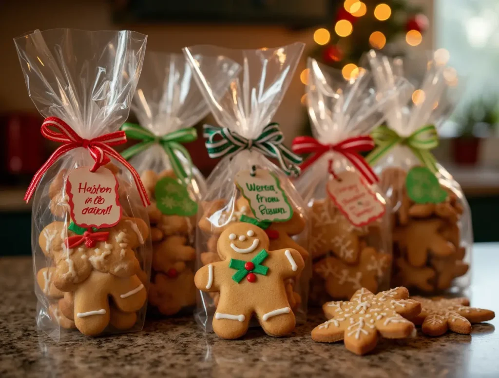 Holiday-themed cookies in clear cellophane bags with festive ribbons and tags on a kitchen countertop, with a Christmas tree in the background.