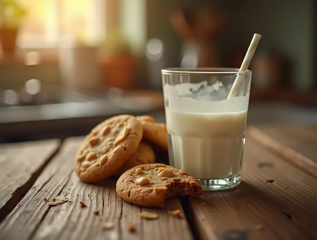 Close-up of a freshly baked cookie partially dipped in a glass of milk, resting on a rustic wooden table with warm lighting.