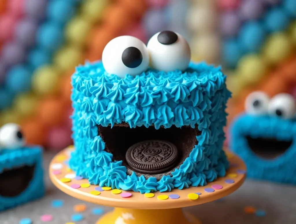 Cookie Monster cake decorated with blue frosting, edible eyes, and Oreo cookies, perfect for a birthday party.