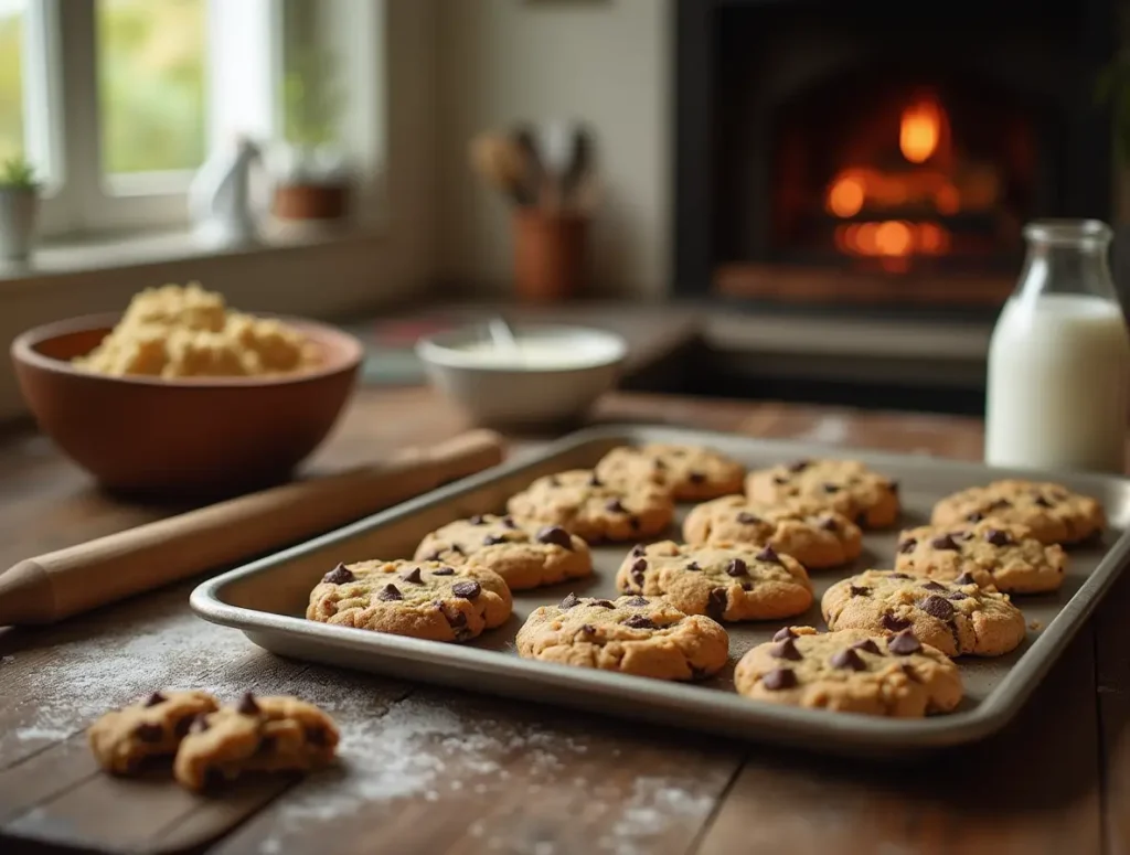 Freshly baked chocolate chip cookies cooling on a cookie tray in a cozy kitchen setting with warm lighting.