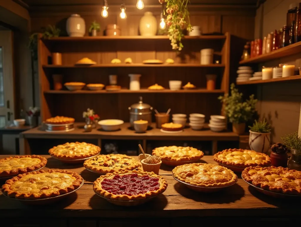 Freshly baked Cyrus Olearie's pies displayed in a cozy, rustic bakery with golden lighting.