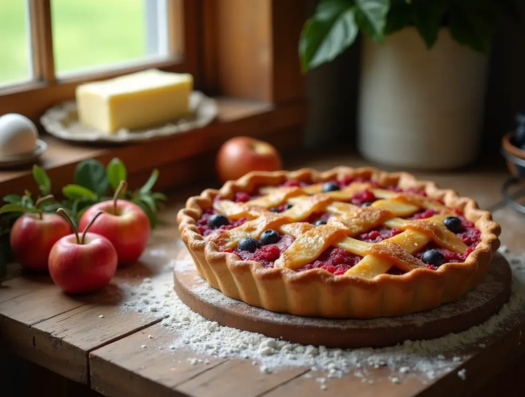 Freshly baked DD pie on a rustic wooden table with seasonal fruits and ingredients surrounding it.