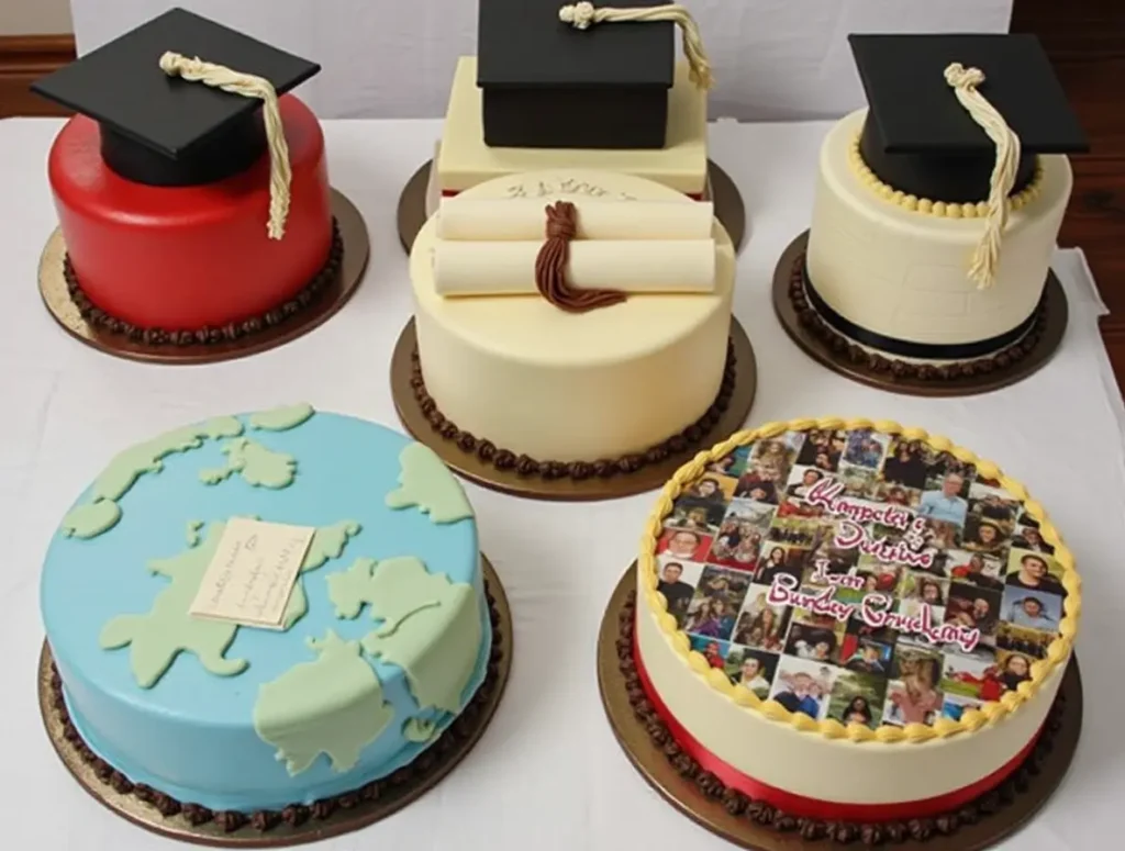 Five unique graduation cake designs including a graduation cap, diploma scroll, tassel, globe, and photo collage cake for a celebratory party.