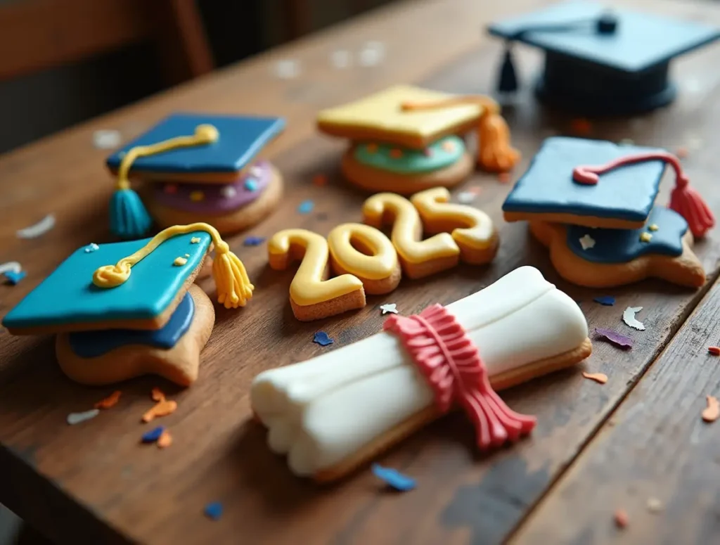 Decorated graduation cookies shaped like caps, diplomas, and the year ‘2025’ on a wooden table, with intricate icing designs in school colors.