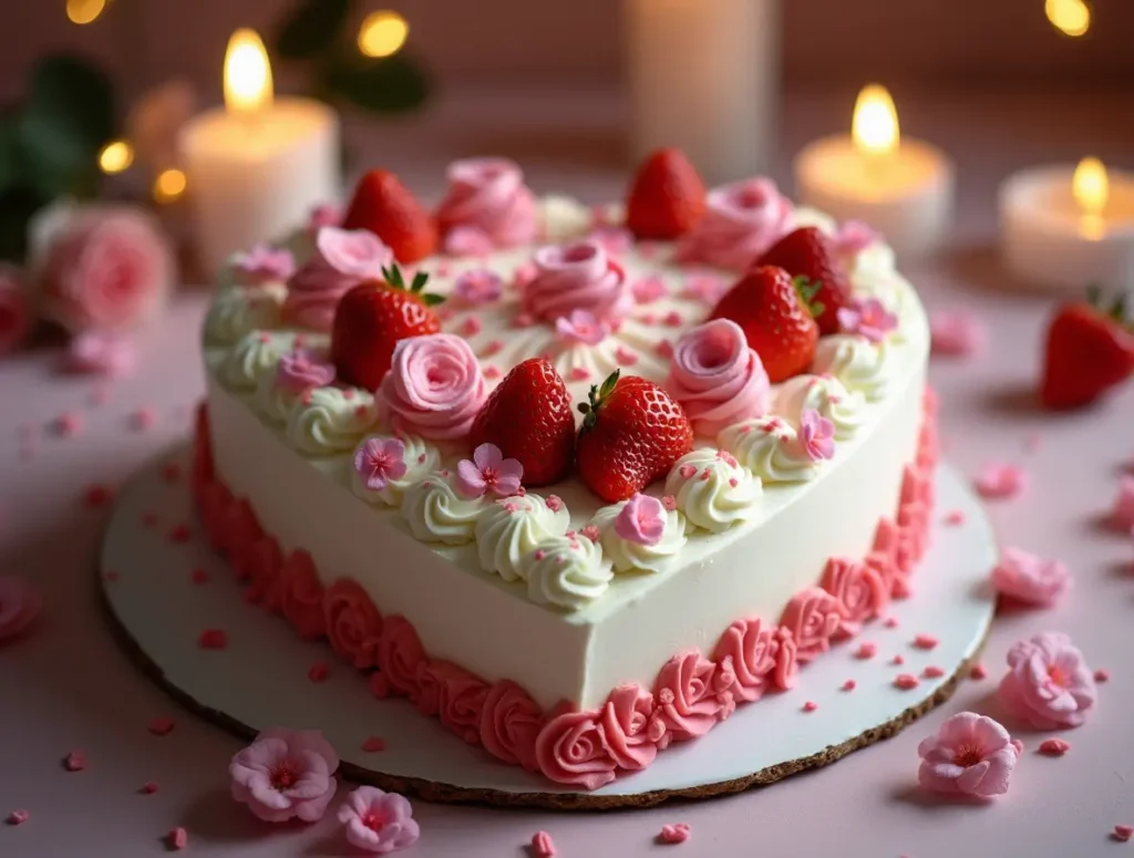 Heart-shaped cake decorated with buttercream frosting, edible flowers, strawberries, and sprinkles for a romantic celebration.