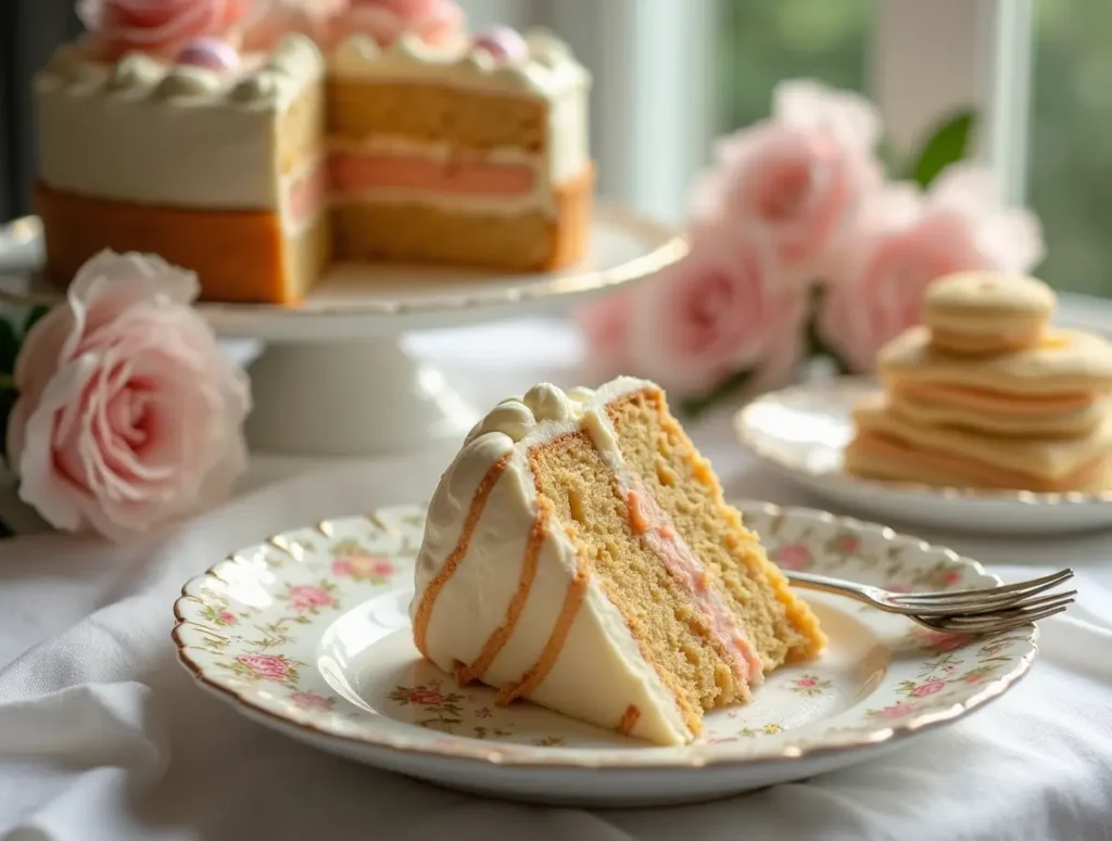 Close-up of a beautifully plated cake with madeleine cookies incorporated into the layers, surrounded by delicate pastries in an elegant French patisserie setting.