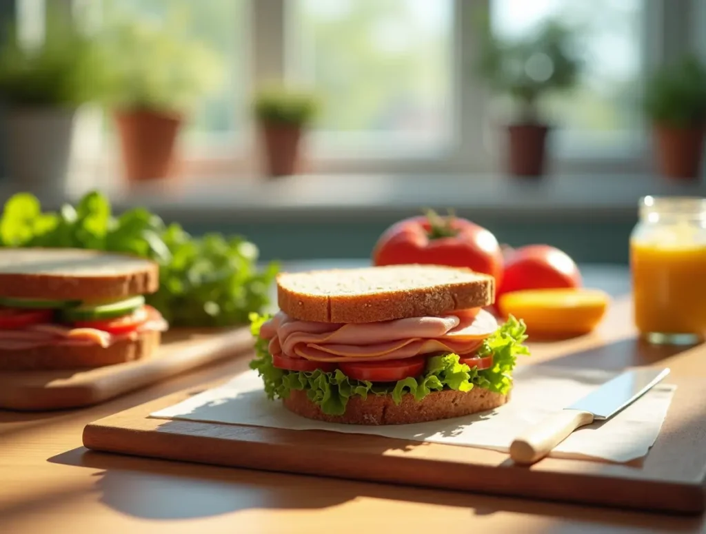 Fresh sandwich made with lunch meat, whole wheat bread, and colorful vegetables in a modern kitchen setting.