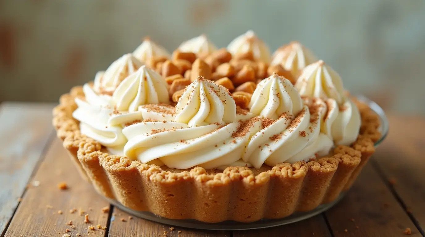 Ice cream pie with a Cinnamon Toast Crunch cereal crust, topped with vanilla ice cream and a sprinkle of cinnamon.