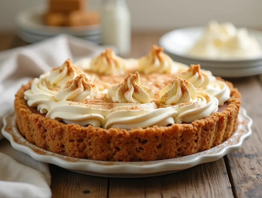 Ice cream pie with a Cinnamon Toast Crunch cereal crust, topped with vanilla ice cream and a sprinkle of cinnamon.