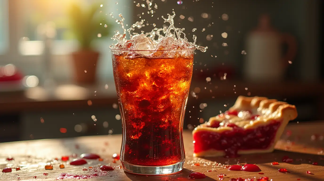 Whimsical fusion of Coca Cola and cherry pie with soda bubbles intertwining with cherry pie filling in a cozy kitchen setting.