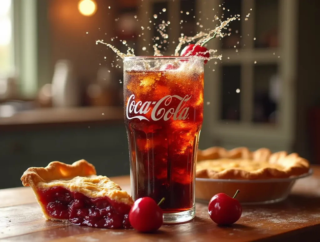 Whimsical fusion of Coca Cola and cherry pie with soda bubbles intertwining with cherry pie filling in a cozy kitchen setting.