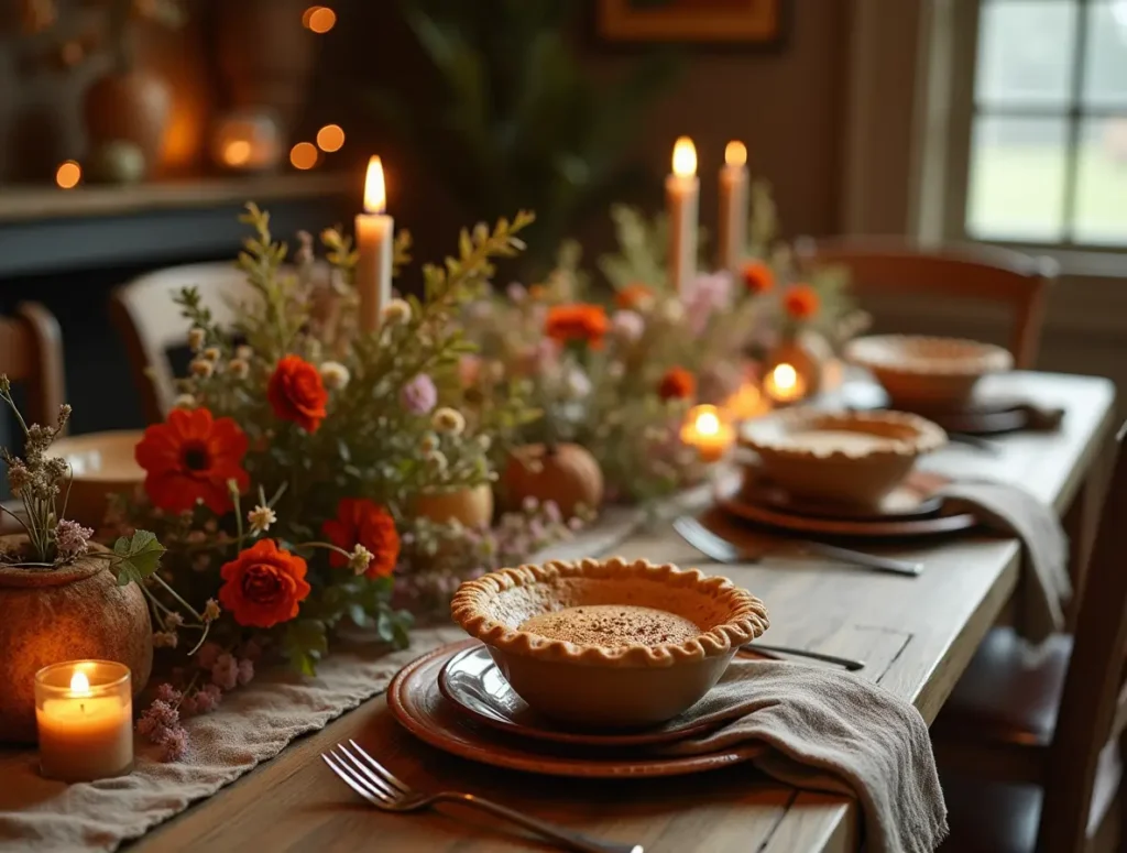 Rustic dining table with elegant mud pie dishes, fresh flowers, candles, and soft lighting creating a cozy, inviting atmosphere.