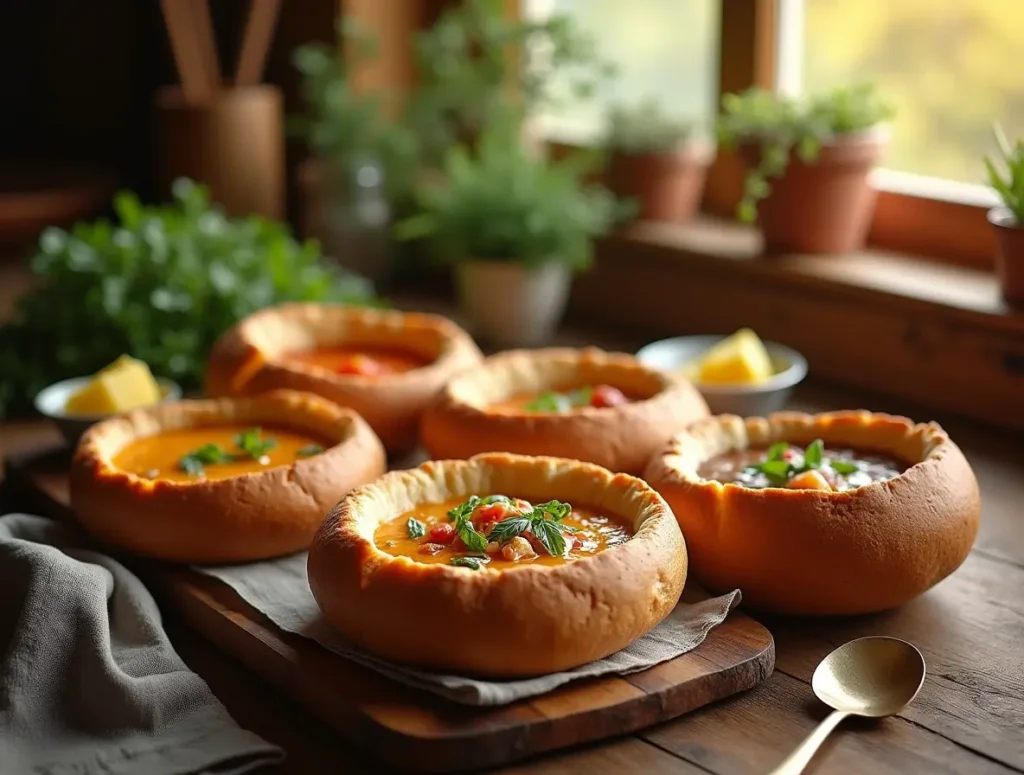 Freshly baked sourdough bread bowls filled with hearty soups like clam chowder, beef stew, and creamy tomato, set on a rustic kitchen table.