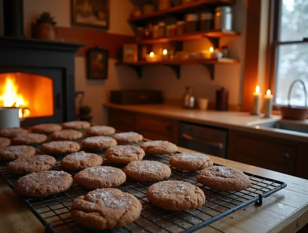 Freshly baked Vermont chewy molasses cookies cooling on a wire rack in a cozy winter kitchen with snow outside.