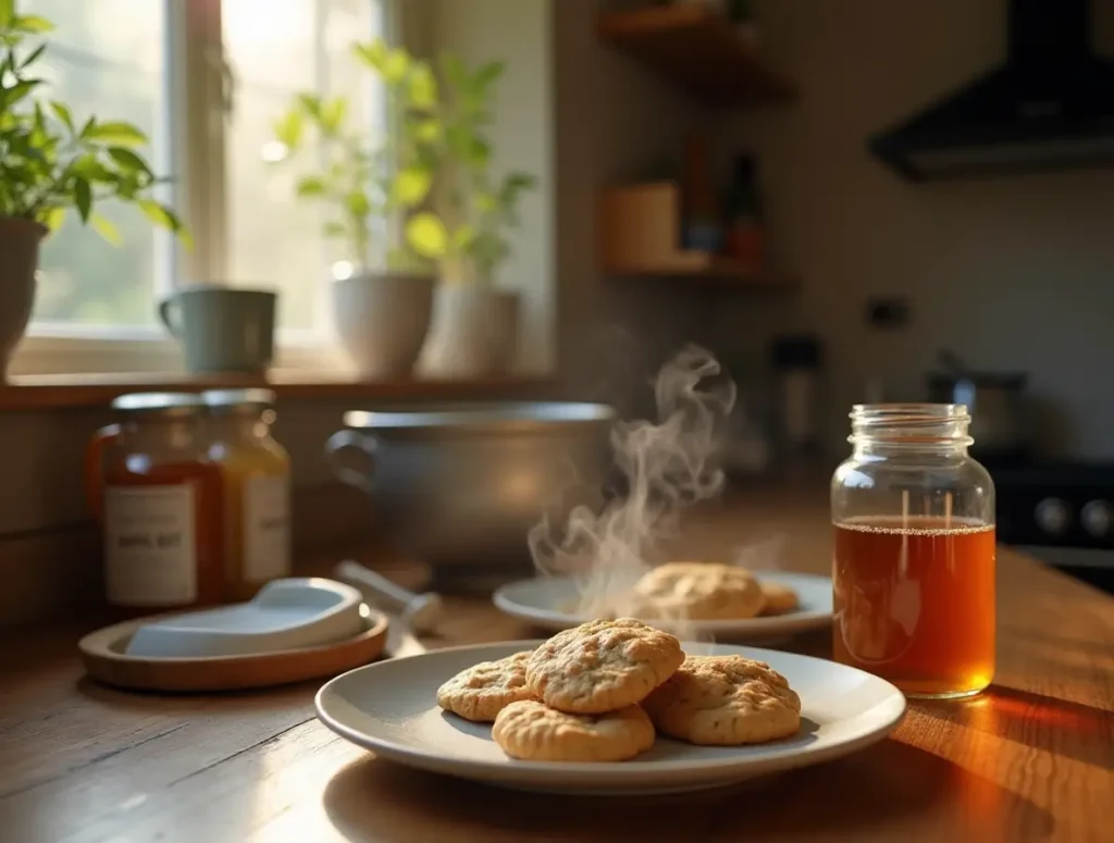 Baking weed cookies with maple syrup in a cozy kitchen with cannabis butter and maple syrup jars on the counter.