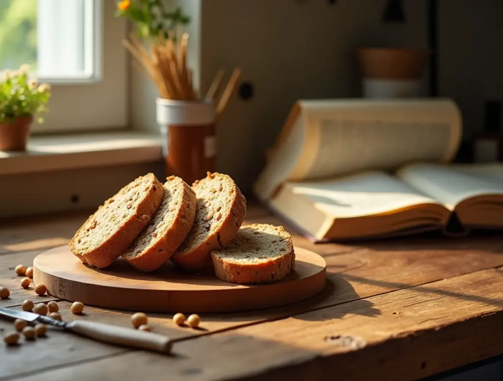 Freshly baked loaf of wheatberry bread sliced on a rustic wooden table with scattered wheatberries and a cozy kitchen atmosphere.