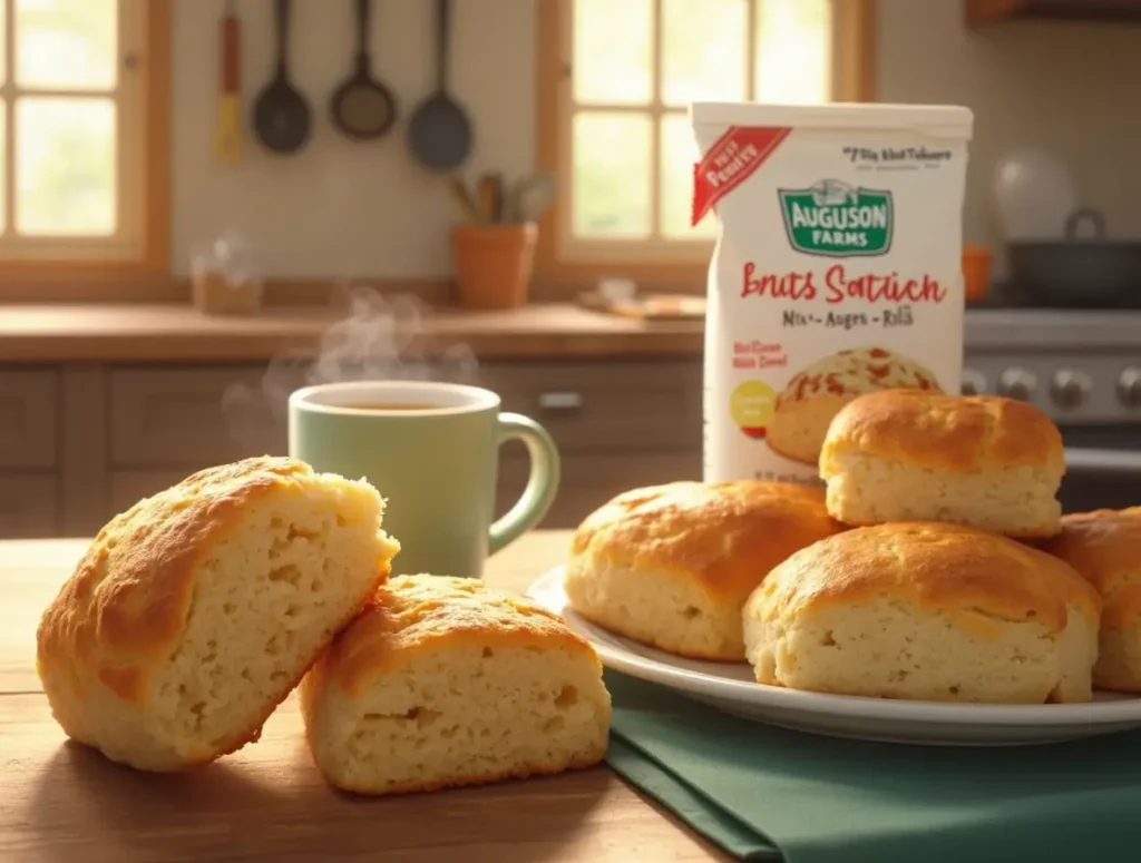 Freshly baked scones and rolls made from Auguson Farms Bread Scone Roll Mix on a cozy kitchen counter.