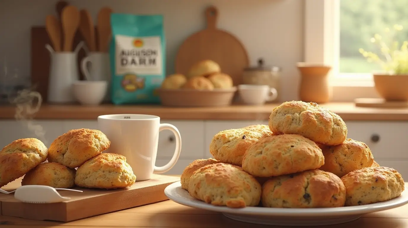 Freshly baked scones and rolls made from Auguson Farms Bread Scone Roll Mix on a cozy kitchen counter.