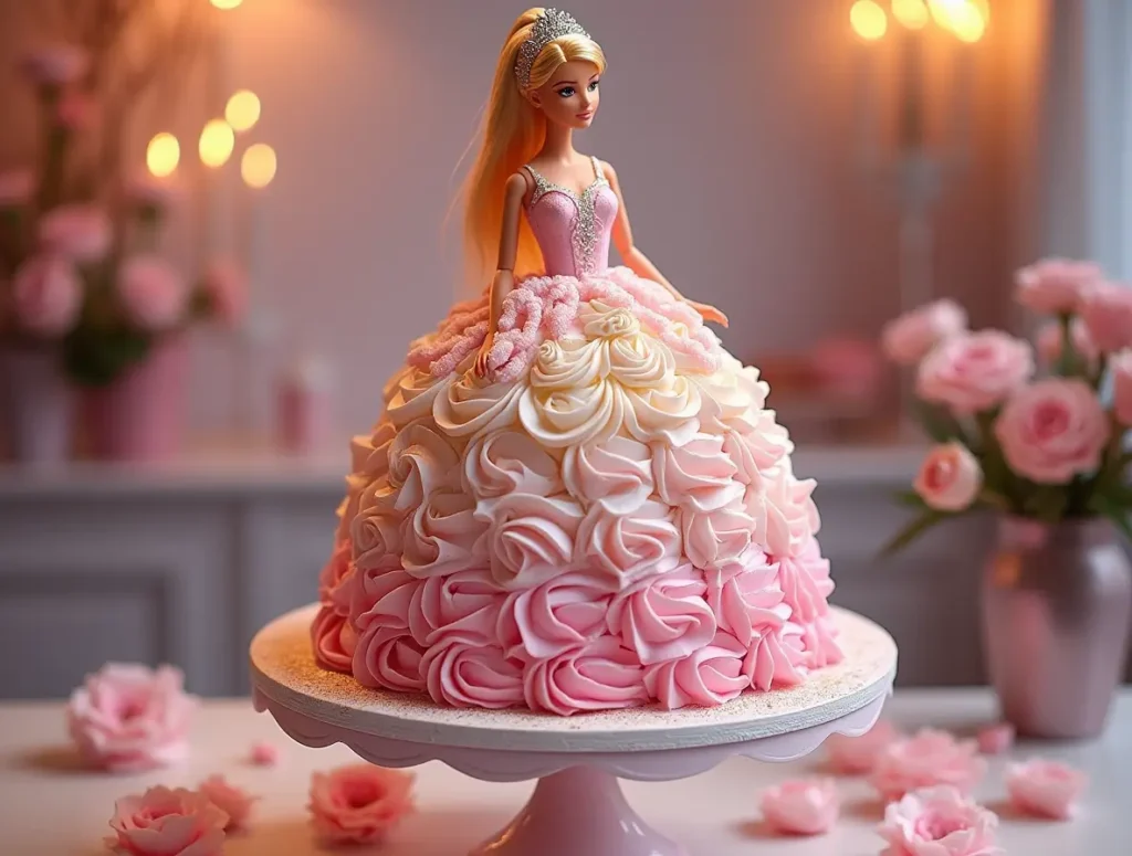 Realistic Barbie birthday cake with pastel-colored frosting and a Barbie doll as the centerpiece.