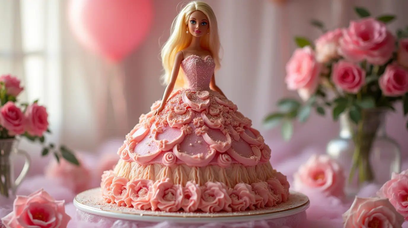 Realistic Barbie birthday cake with pastel-colored frosting and a Barbie doll as the centerpiece.