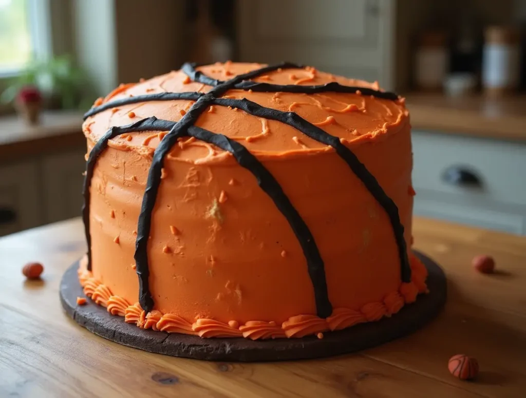 Realistic basketball-themed cake with orange frosting and black piped lines, looking like a basketball.