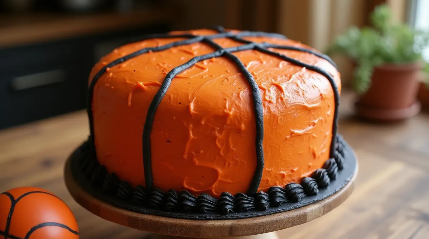 Realistic basketball-themed cake with orange frosting and black piped lines, looking like a basketball.