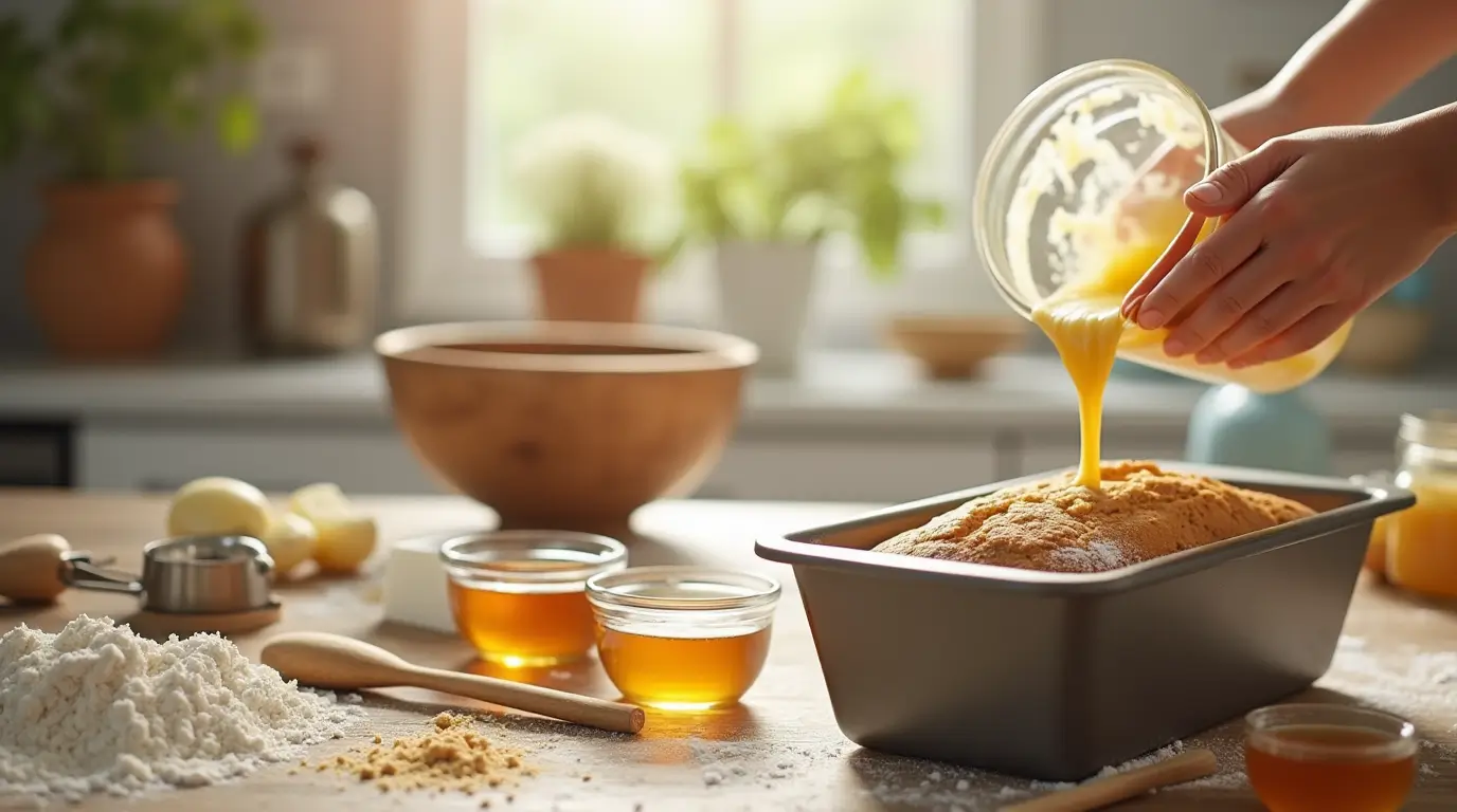 A wooden spoon stirring a bowl filled with batter bread mix ingredients, surrounded by flour, sugar, honey, and melted butter on a kitchen counter.