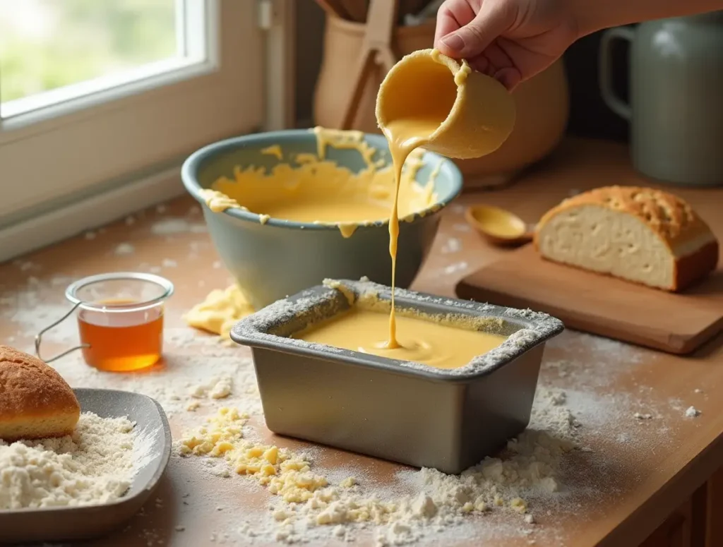 A wooden spoon stirring a bowl filled with batter bread mix ingredients, surrounded by flour, sugar, honey, and melted butter on a kitchen counter.