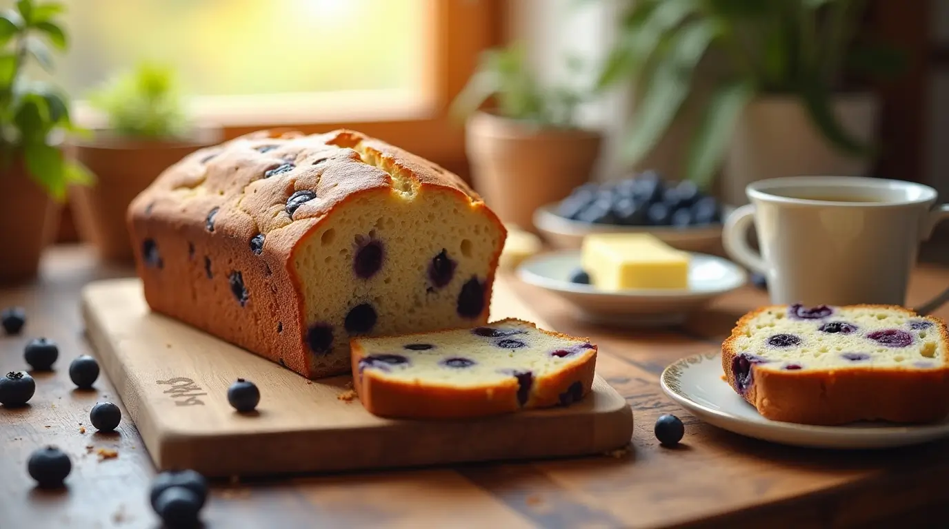 Freshly baked blueberry bread on a wooden cutting board with buttered slices, blueberries, and a warm kitchen atmosphere.