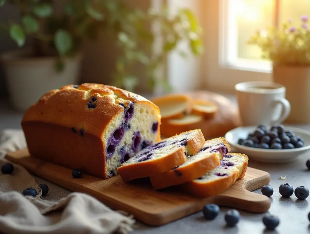 Freshly baked blueberry bread on a wooden cutting board with buttered slices, blueberries, and a warm kitchen atmosphere.