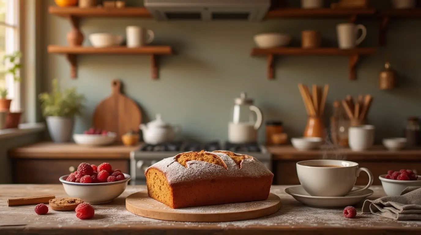 Freshly baked cinnamon bread on the kitchen counter with coffee and berries.