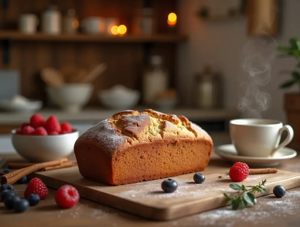 Freshly baked cinnamon bread on the kitchen counter with coffee and berries.